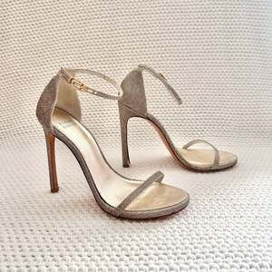 Stuart Weitzman Platinum Lame Texture Nudist Single Strap Stiletto Open Heel 9